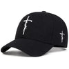 Black unisex embroidered snapback baseball cap with white text on the front