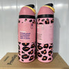 A pink insulated water bottle with a black leopard print design and a yellow lid, standing upright.