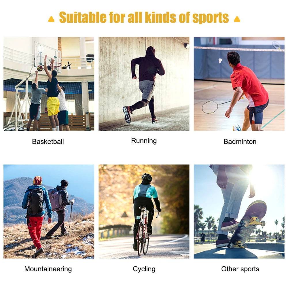 Colección de protectores para la rodilla usados en varios deportes como baloncesto, carrera, bádminton y montañismo