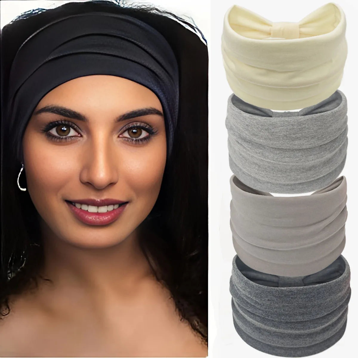 A woman models a black boho wide headband hair wrap for women, shown alongside stacked light and gray headbands.