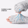A hand wearing flexible 4-way stretch fingerless sun gloves demonstrating the stretch capability.