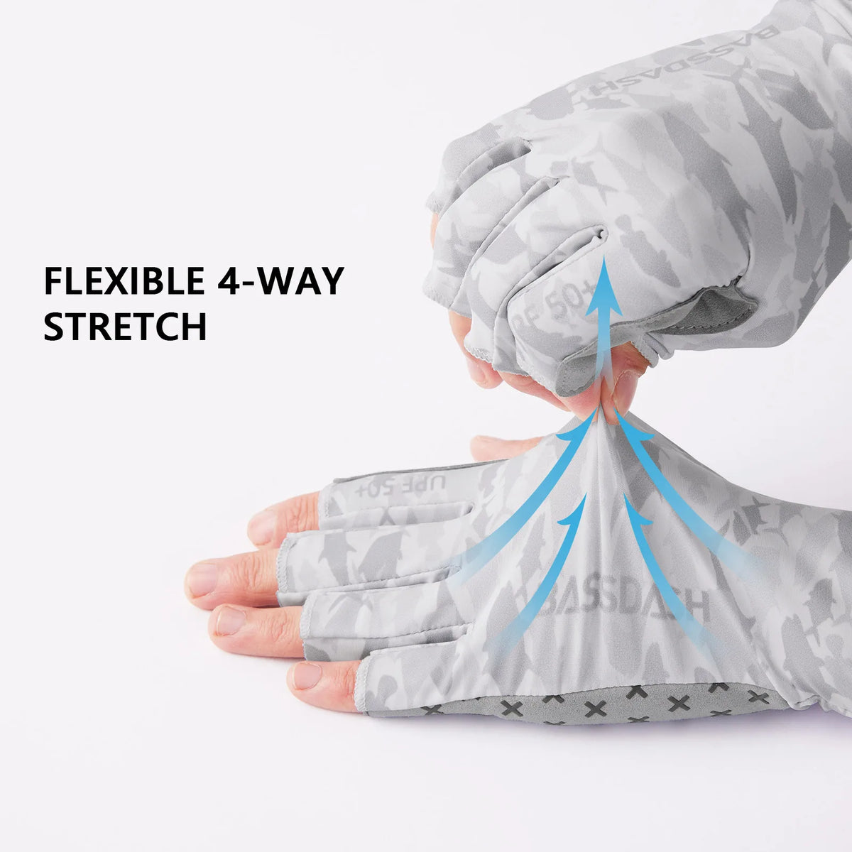 A hand wearing flexible 4-way stretch fingerless sun gloves demonstrating the stretch capability.