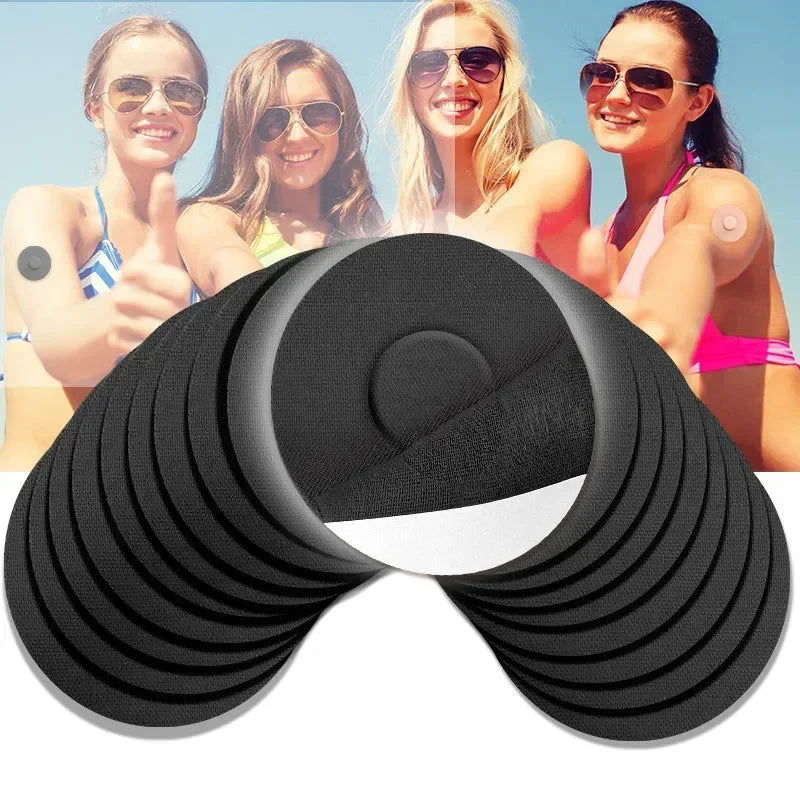 A set of reusable adhesive patches for sensor fixing shown in a black, conical packaging.