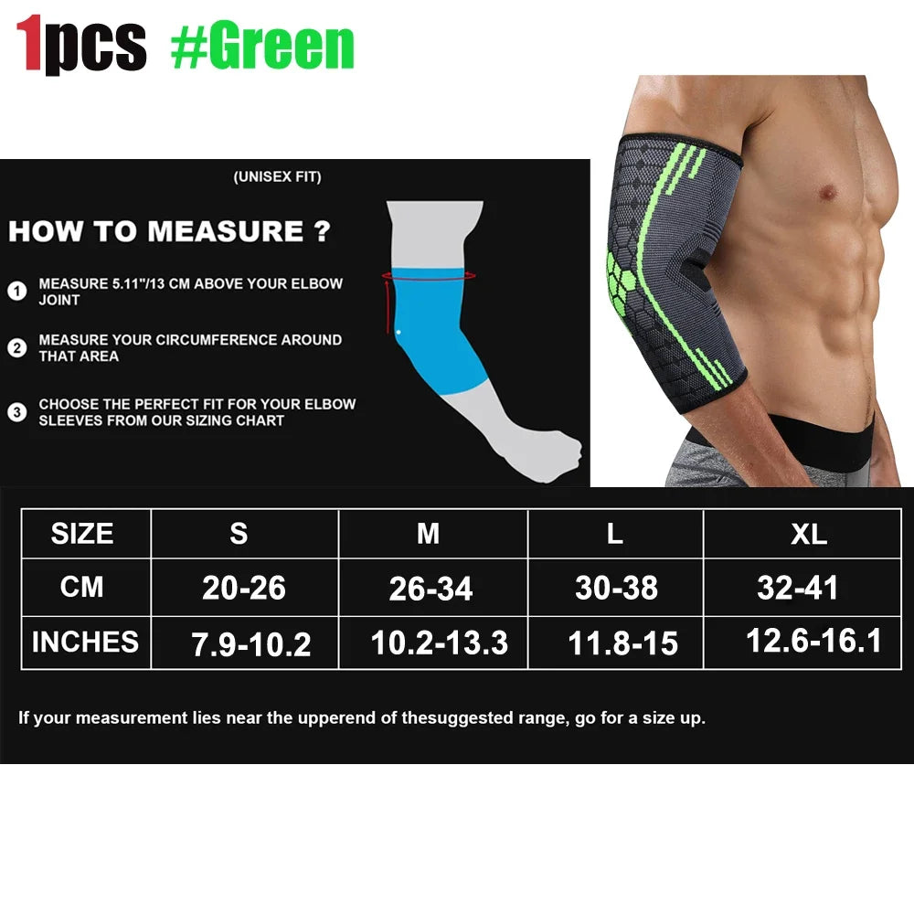 Green unisex elbow compression sleeve worn on an arm.