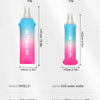Pink soft water bottle with a blue cap shown next to its dimensions and features.
