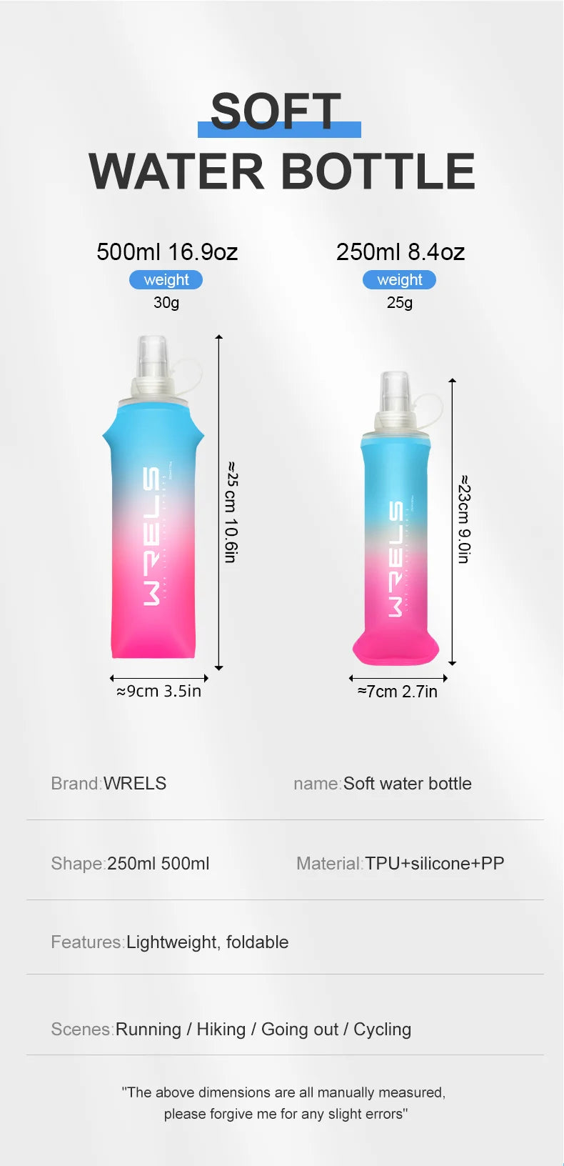 Pink soft water bottle with a blue cap shown next to its dimensions and features.