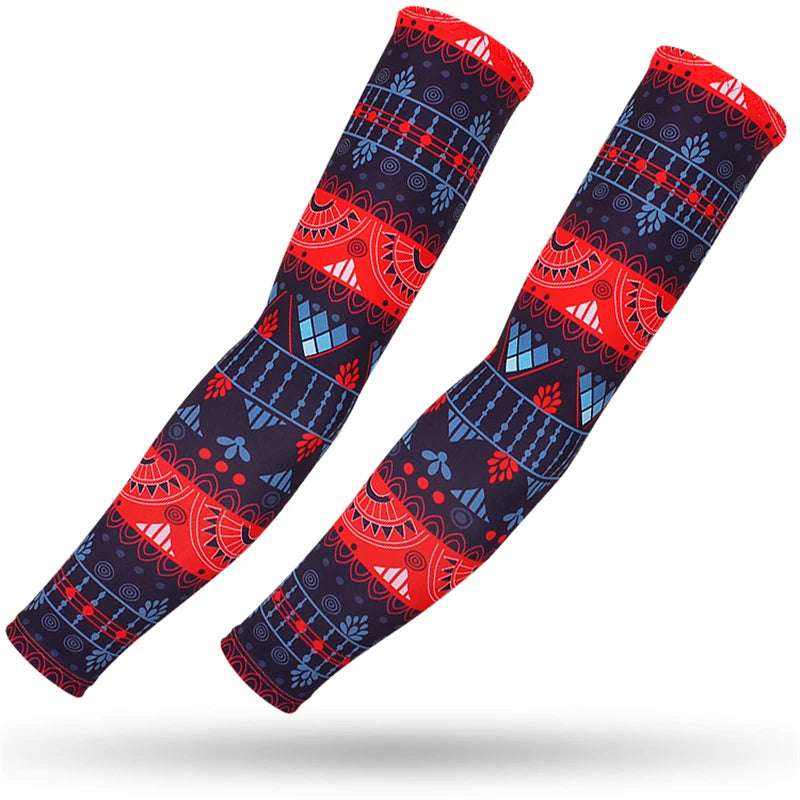 Pair of dark blue and red patterned sports arm sleeves for UV protection