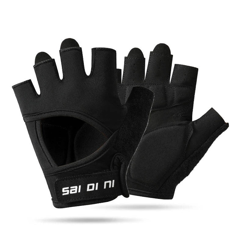 Black half finger sports gloves designed for weight lifting and exercise