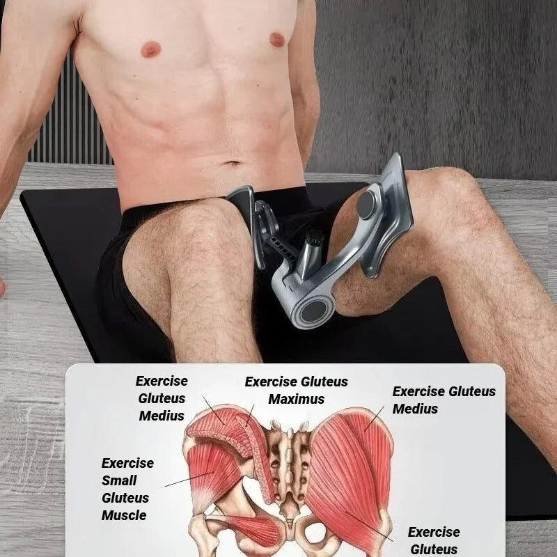 A person's torso and legs demonstrate the use of a pelvic muscle trainer for strength and fitness exercise.