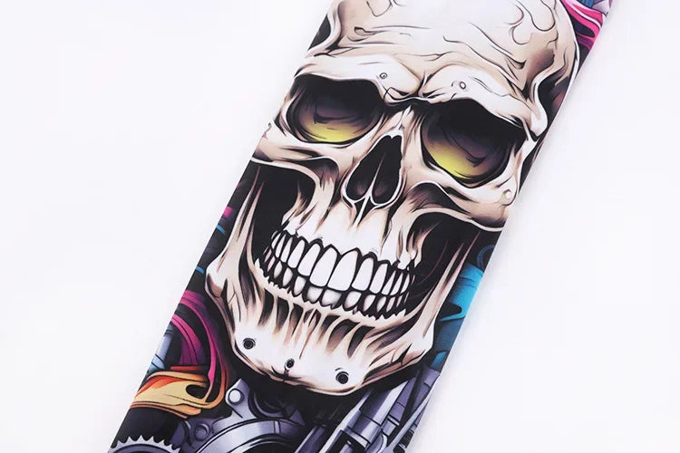A close-up of a graphic design featuring a skull with glowing yellow eyes on an ice silk arm sleeve.
