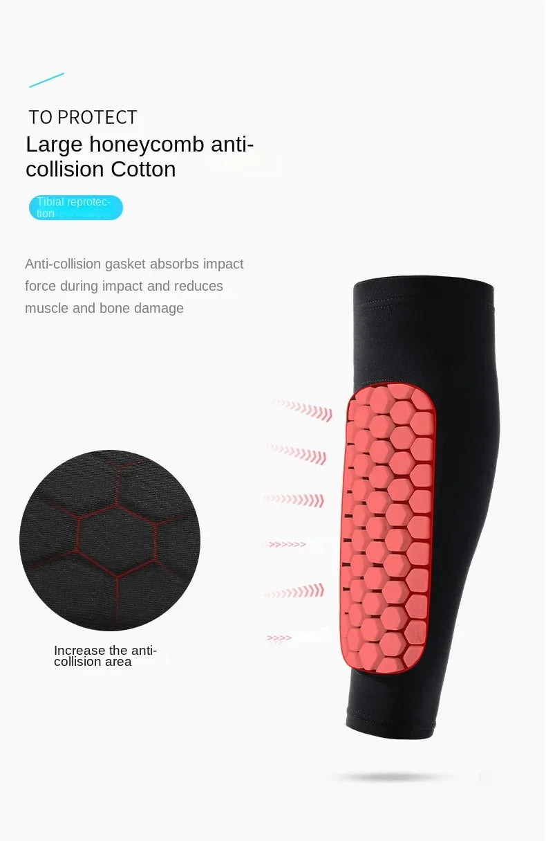A black silicone anti-collision cotton protector for the tibia, shown on a leg.