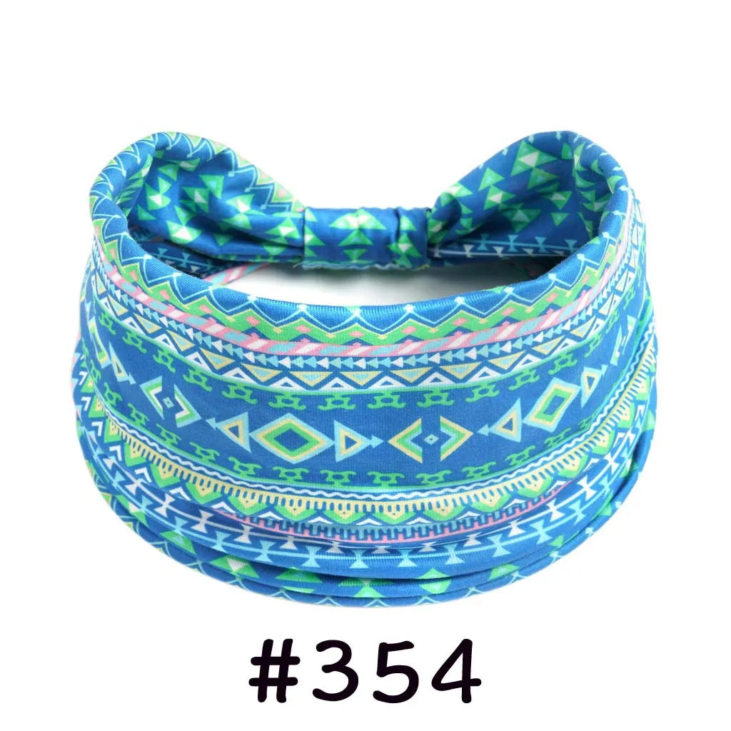 Blue patterned boho knotted cotton headband for yoga and workout