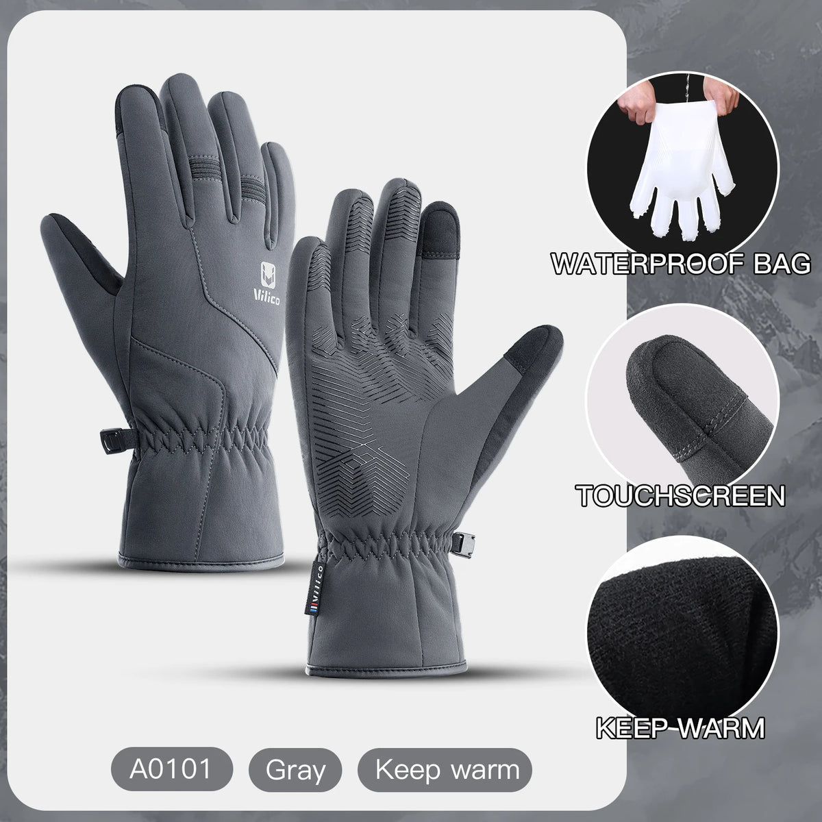 Gray waterproof touchscreen keep-warm gloves shown in various views