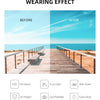 Before and after comparison of Retro Double Bridge Aviator sunglasses showing wearing effect features like HD vision, true co