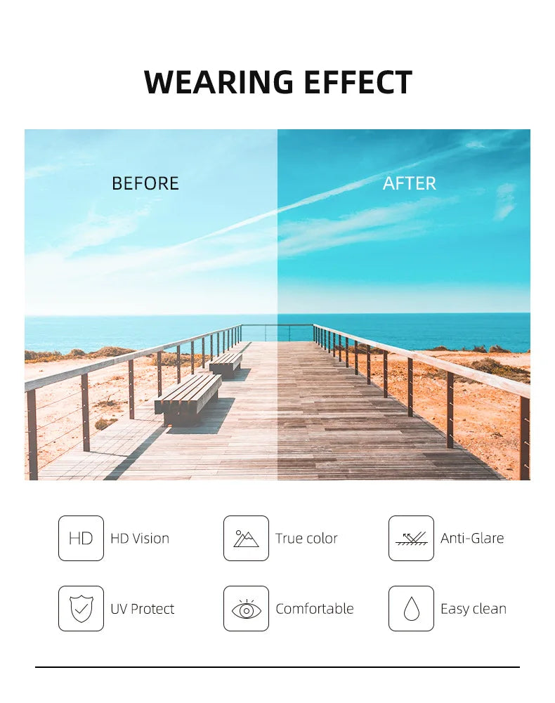 Before and after comparison of Retro Double Bridge Aviator sunglasses showing wearing effect features like HD vision, true co