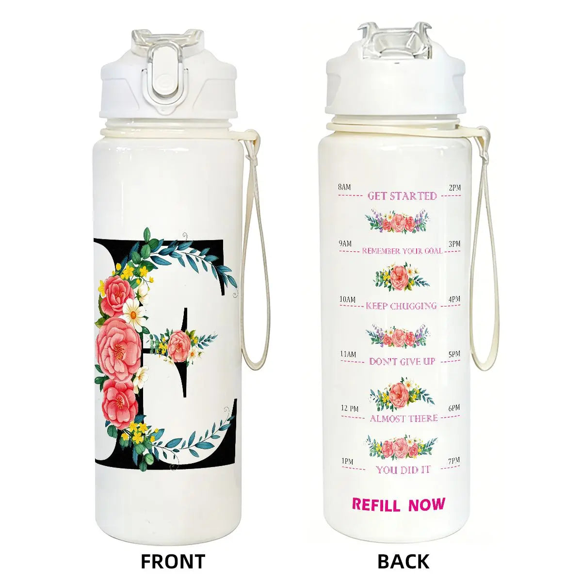 Front and back views of a white insulated straw tumbler for hydration