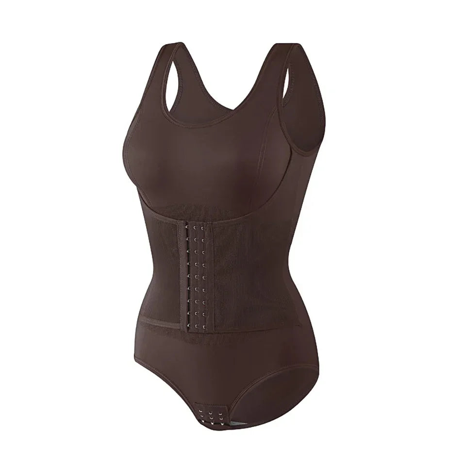 A dark brown zippered shapewear bodysuit designed for waist slimming.
