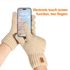 A hand wearing beige knit gloves is holding a smartphone displaying the time 09:41, demonstrating an electronic touch screen 