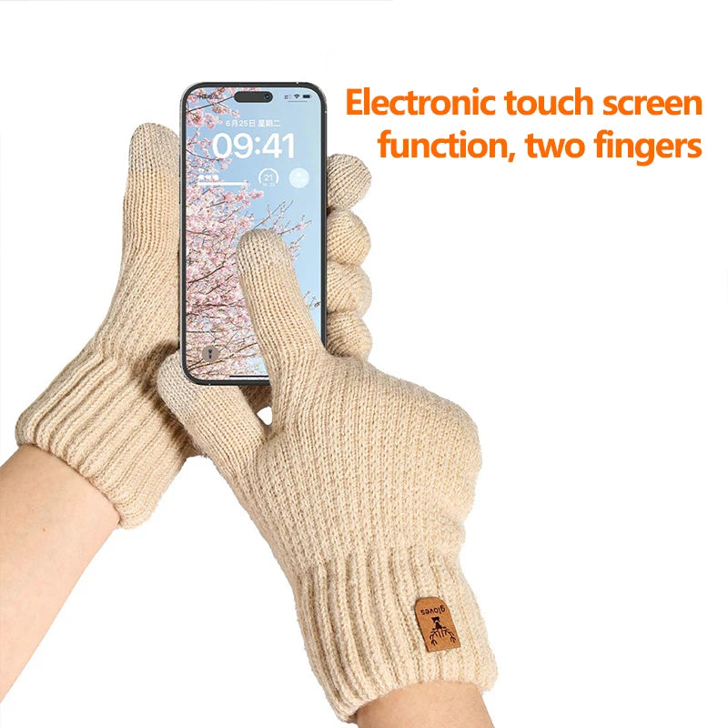 A hand wearing beige knit gloves is holding a smartphone displaying the time 09:41, demonstrating an electronic touch screen 