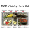 A clear plastic container holds an 18 piece fishing lure set including various types of lures and hooks.