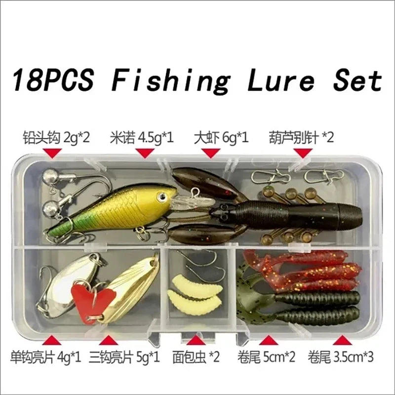 A clear plastic container holds an 18 piece fishing lure set including various types of lures and hooks.