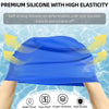 A blue silicone swimming cap is shown being worn on a person's head in water.