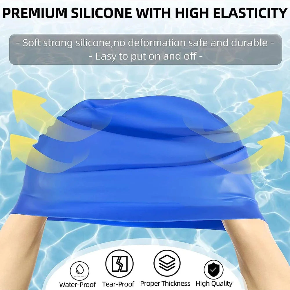 A blue silicone swimming cap is shown being worn on a person's head in water.