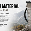 A beige TPU water bladder is shown outdoors, demonstrating its durable and lightweight features.