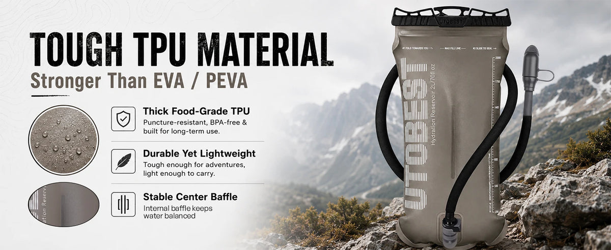 A beige TPU water bladder is shown outdoors, demonstrating its durable and lightweight features.