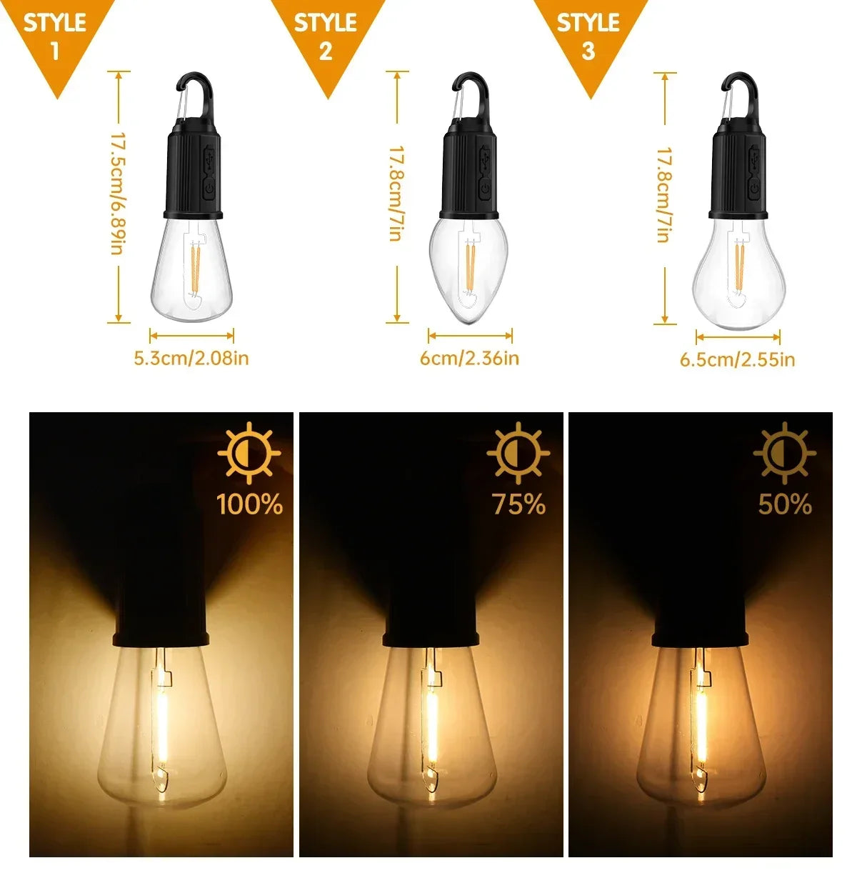 Three styles of USB rechargeable LED camping lanterns shown with varying light output percentages.