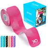 Roll of pink OKtape kinesiology therapy tape and its retail box with color options