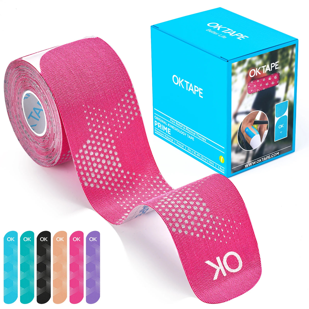 Roll of pink OKtape kinesiology therapy tape and its retail box with color options