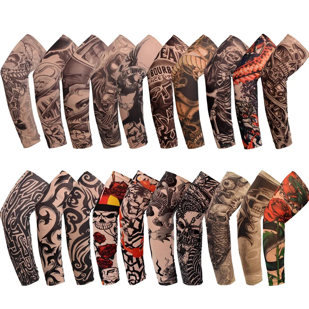 A collection of reusable stretch tattoo arm sleeves featuring various dark and colorful designs.
