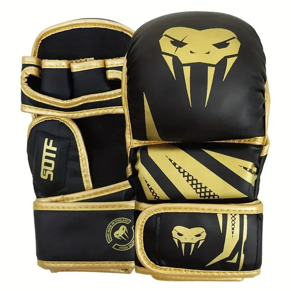 A pair of black boxing gloves with gold trim and a stylized skull design for MMA and Muay Thai training.