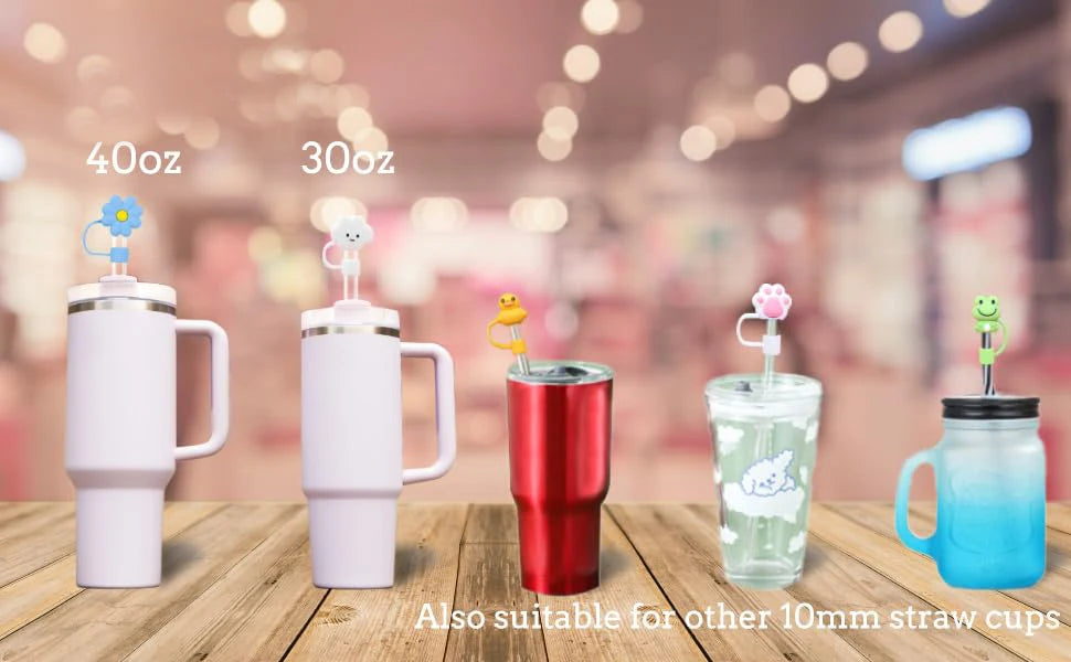Various sizes of reusable silicone straw covers shown on white and colored tumblers.