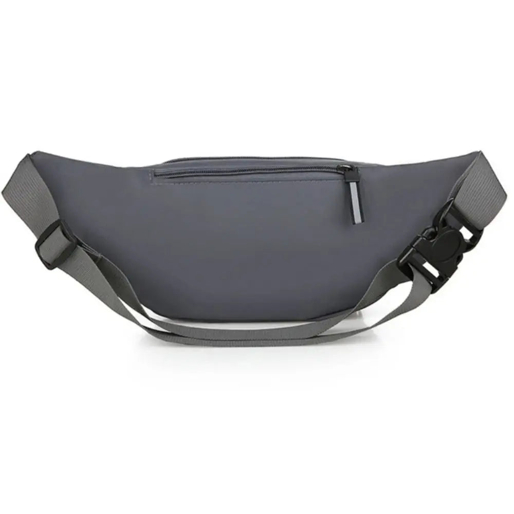 A dark gray durable nylon waist bag for men with adjustable straps and a zippered pocket.