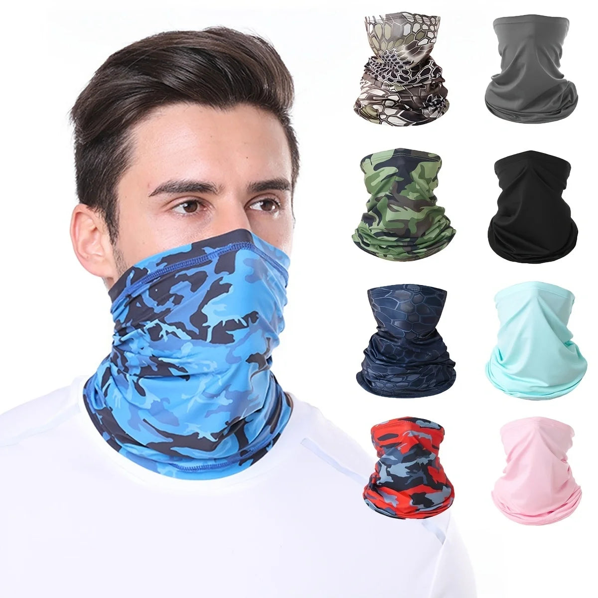 A man wearing a blue camouflage face mask, surrounded by various colored UV protection head wraps.