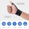 A hand wearing a black adjustable thumb and wrist brace, highlighting features like easy wear and pilling resistance.
