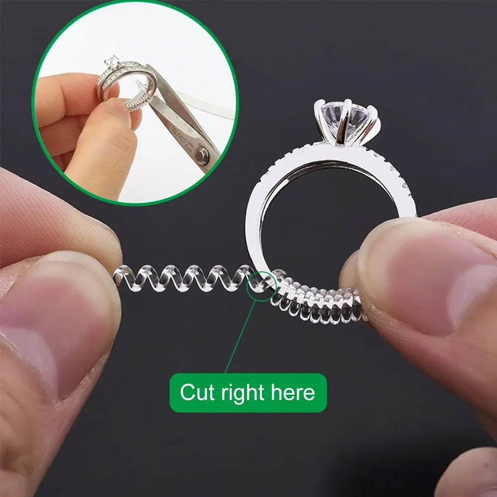 A set of invisible ring sizer tools showing a ring and a cutting point on the band.
