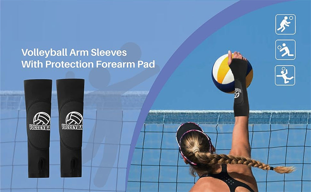 Black volleyball arm sleeves with forearm pads being worn during a volleyball game.