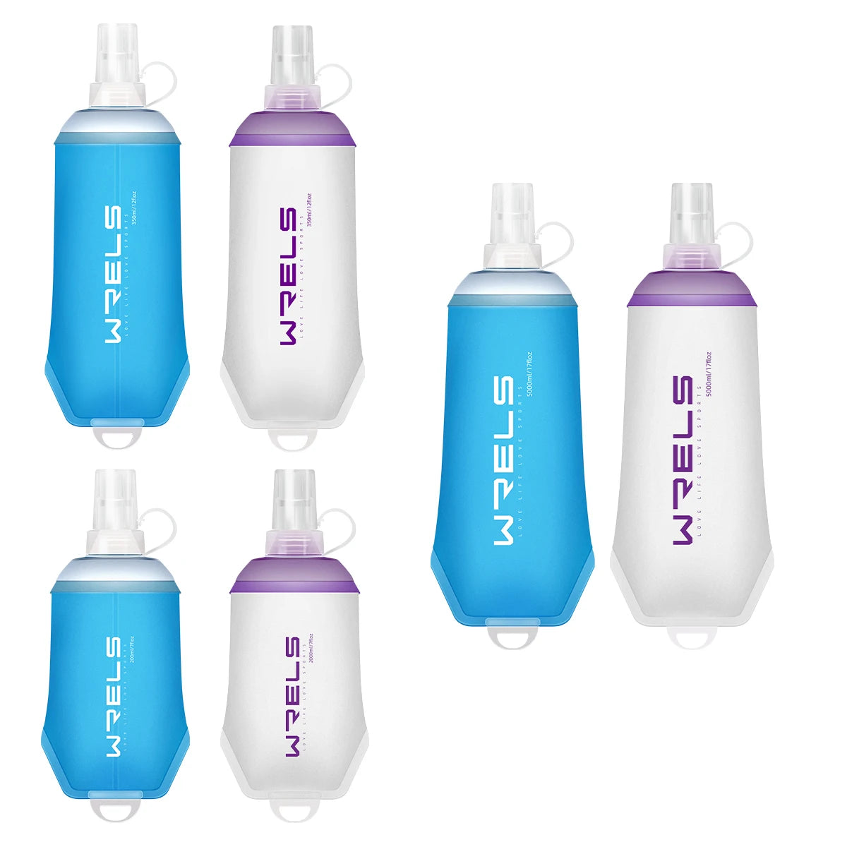 A set of six durable folding water bottles in shades of blue and purple.