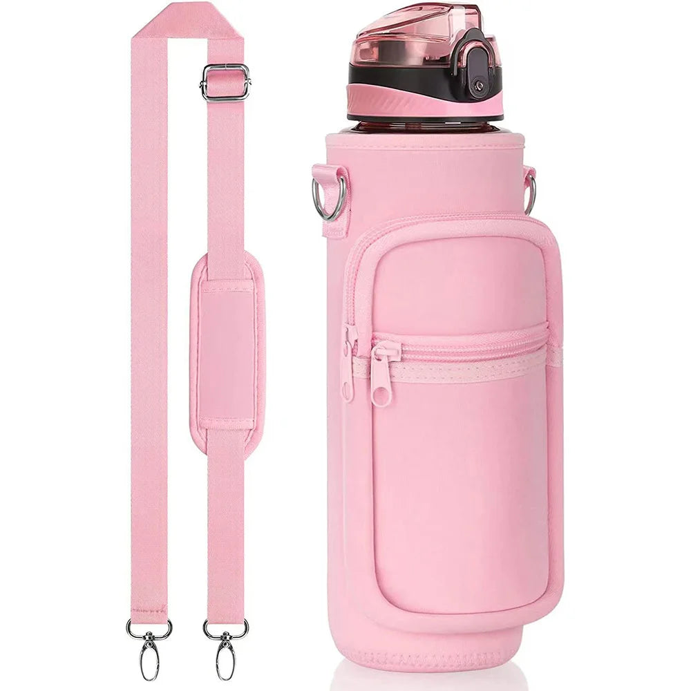 Botella de agua aislada rosa con funda, correa y tapa