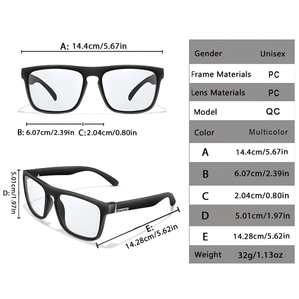 A set of photochromic square sunglasses in various sizes and colors with specifications for frame materials, lens materials, 