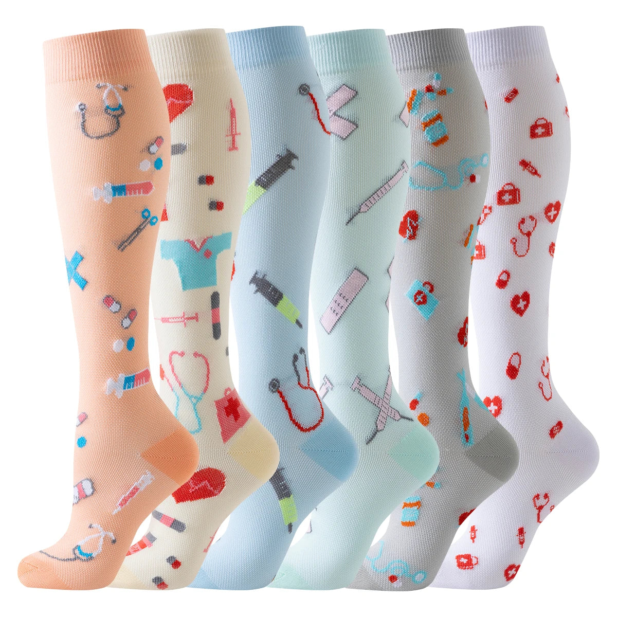 A collection of women's athletic knee-high compression socks featuring various colorful embroidery patterns.