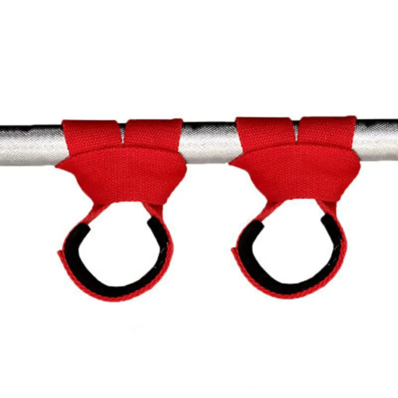 Two red gym lifting straps with loop handles mounted on a silver bar.