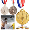 Three achievement medals in gold, silver, and bronze with a first place medal and a gold ribbon.