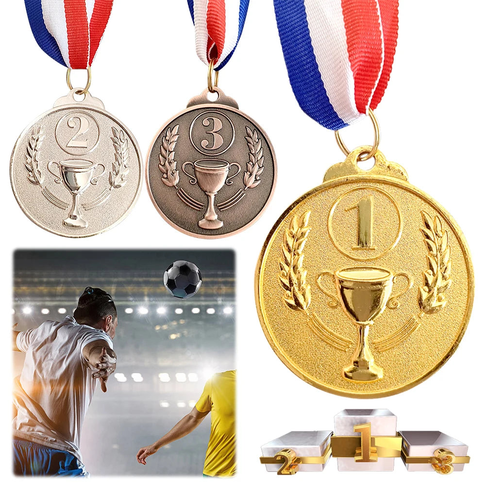 Three achievement medals in gold, silver, and bronze with a first place medal and a gold ribbon.