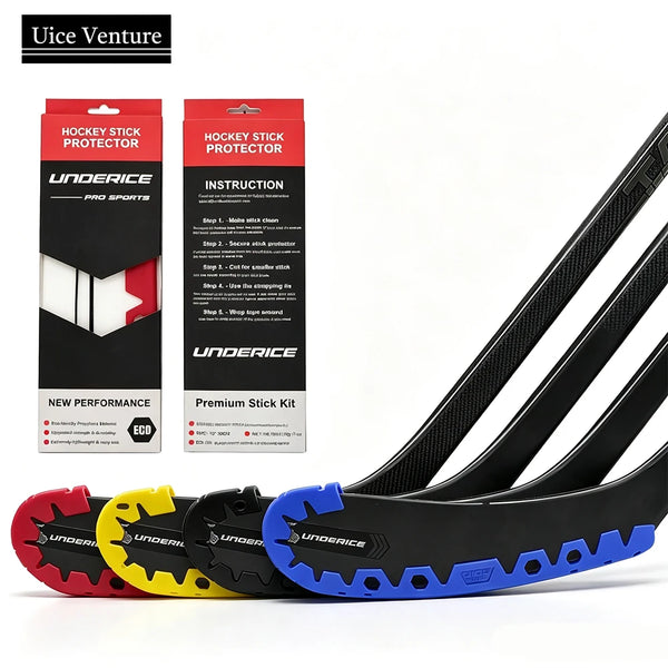 Ein Set von Underice Pro Hockey-Stabschutz in Rot, Gelb und Blau auf weißem Hintergrund.