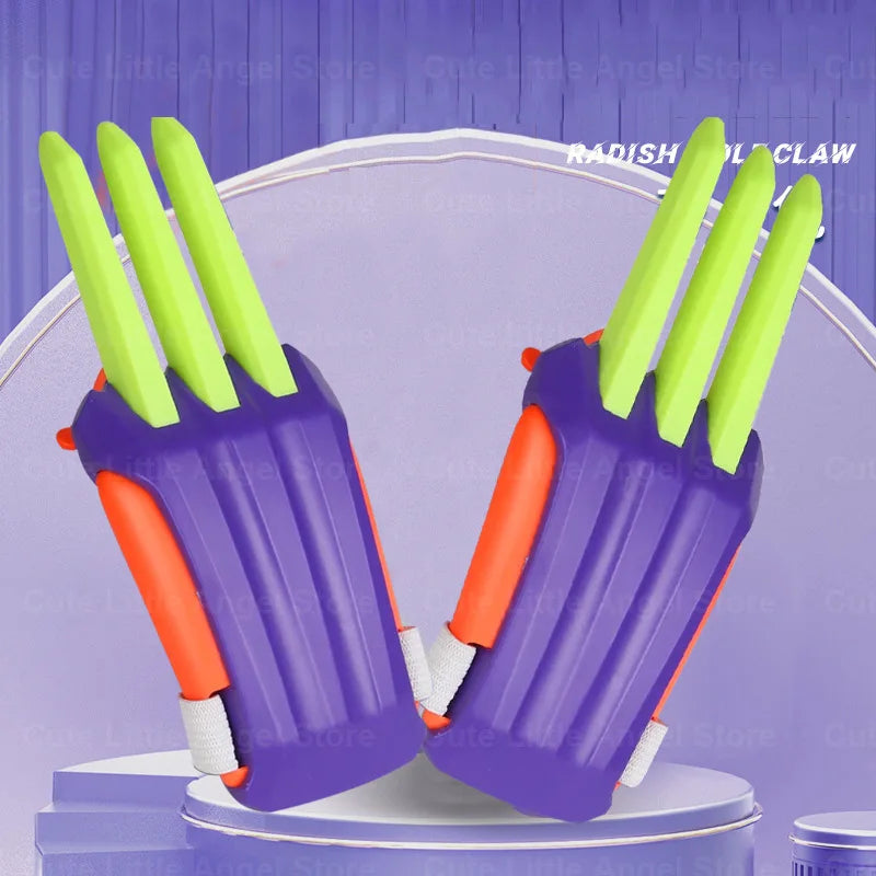 A pair of purple and orange carrot-shaped fidget stress relief toys are displayed against a light purple background.