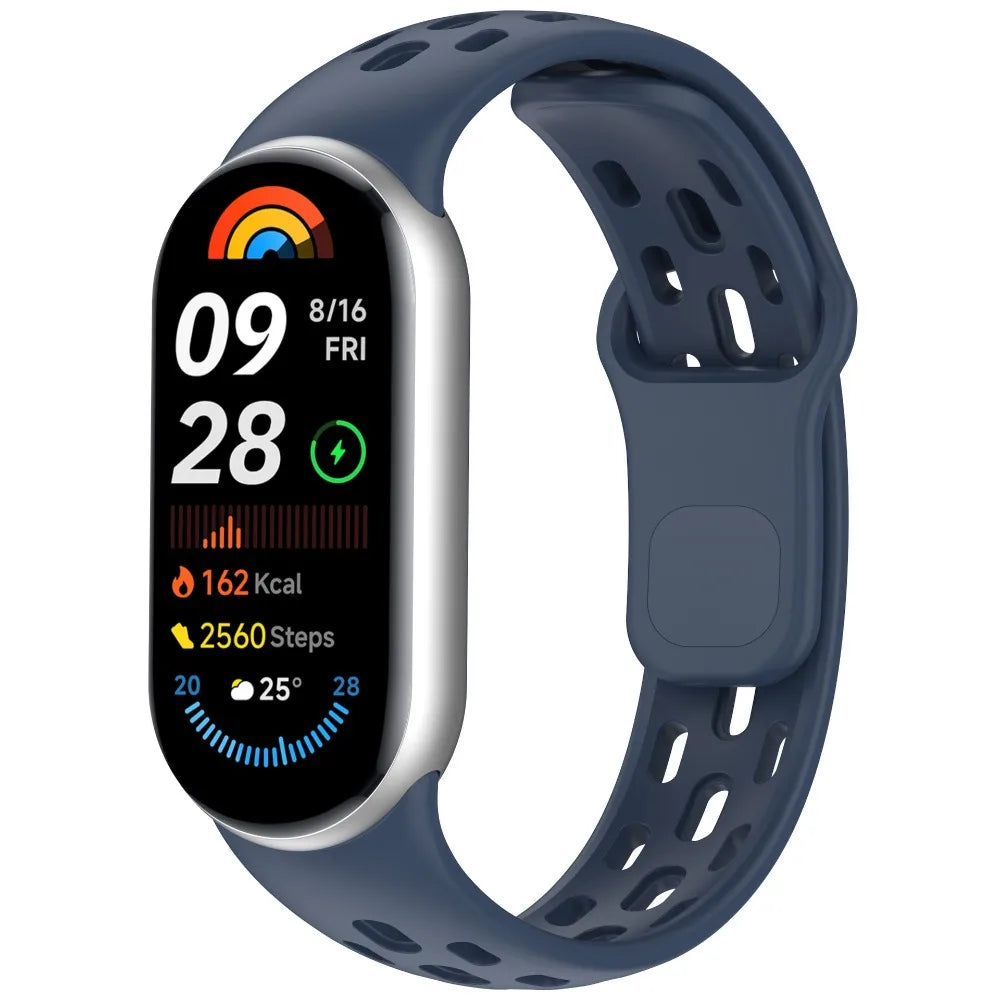 A dark blue fitness watch band with a silver casing and a black digital display showing date, time, steps, and battery level.